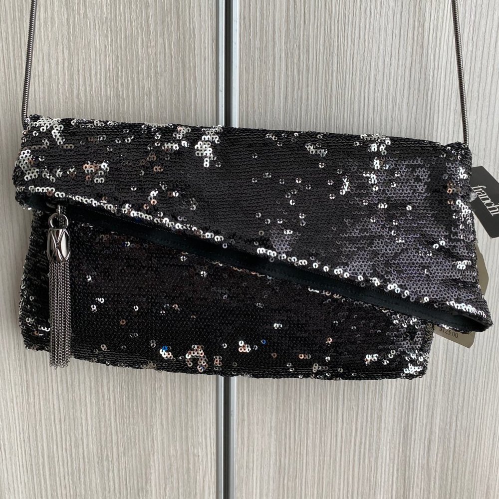 Franchi beaded a-symmetrical black silver clutch